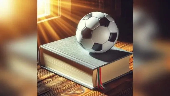 Bild zeigt einen Fußball auf Büchern liegend vor einem Fenster.