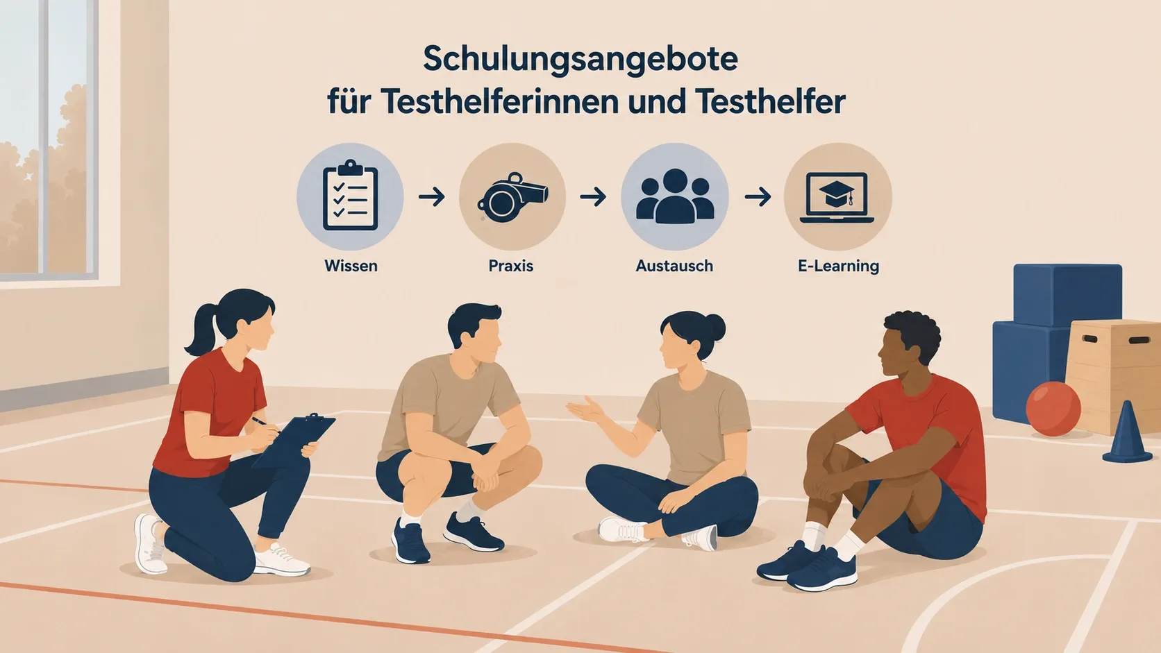 Bild zeigt eine diverse Gruppe in einer Planungssituation in der Turnhalle.