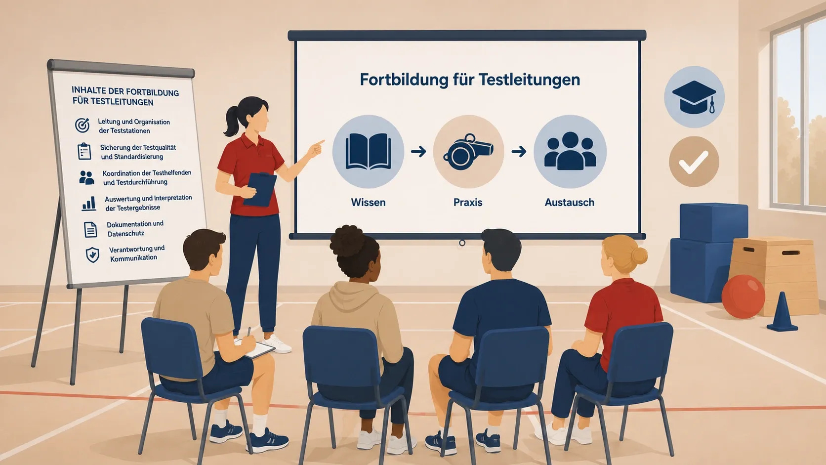 Bild zeigt eine diverse Gruppe in einer Fortbildungssituation in der Turnhalle.