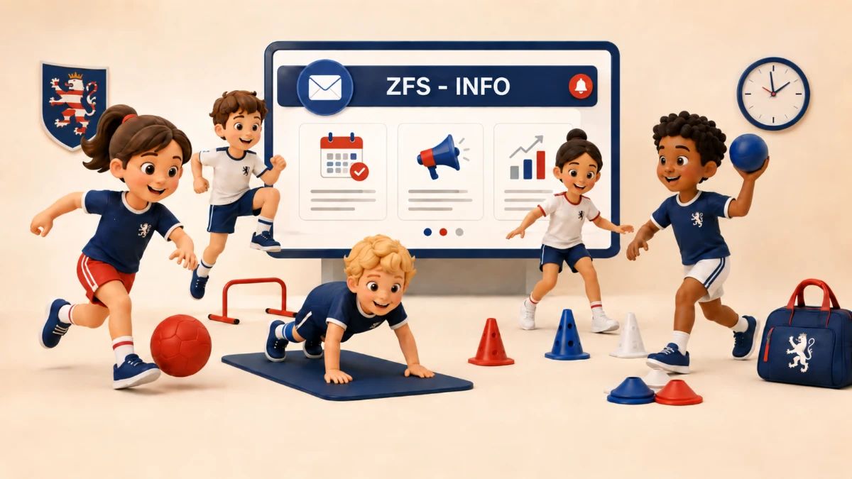 Bild zeigt sport teibenden Kinder vor einer Tafel mit der Aufschrift ZFS-INFO